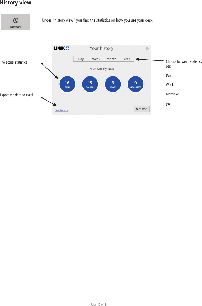 Page 17 of 44History viewUnder “history view” you ﬁnd the statistics on how you use your desk.The actual statistics Export the data to excelChoose between statistics per:DayWeekMonth oryear