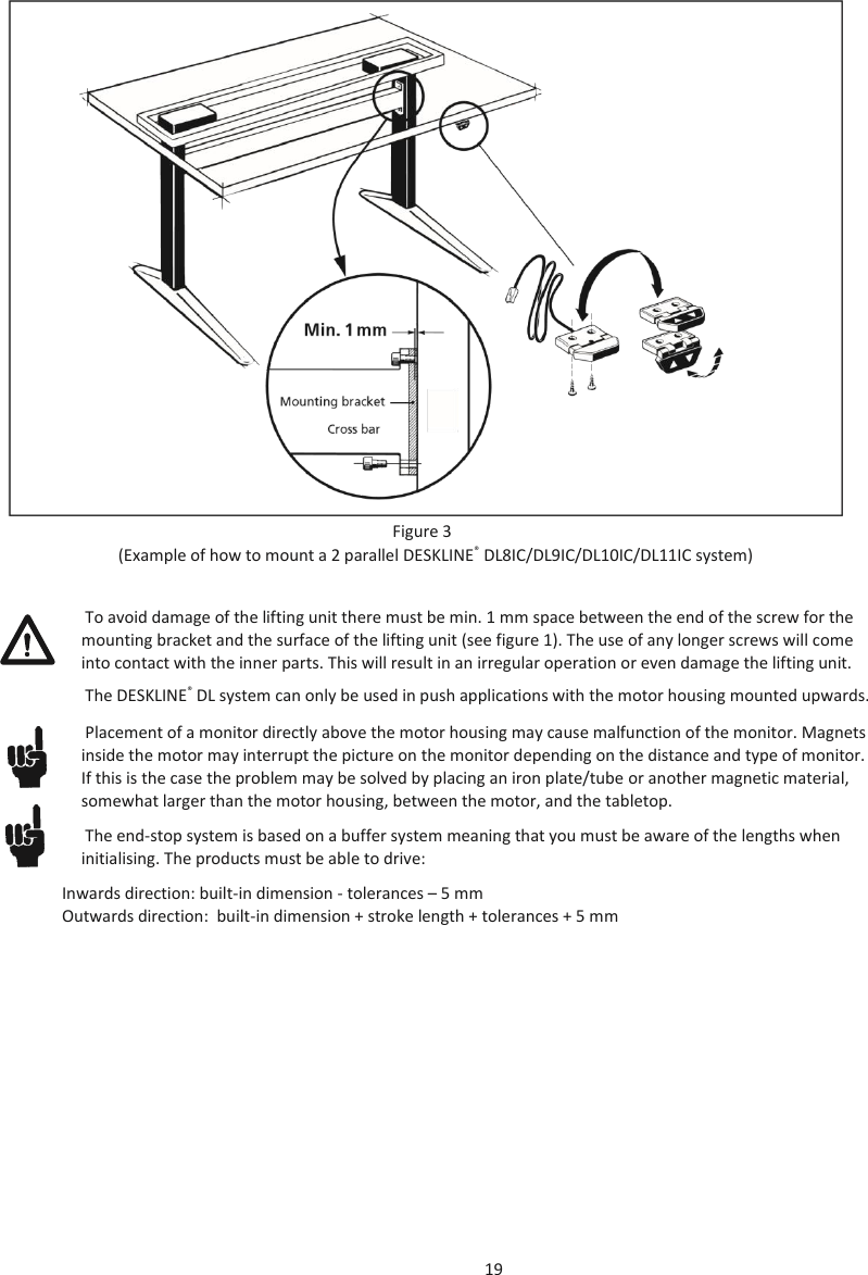 19   Figure 3 (Example of how to mount a 2 parallel DESKLINE®  DL8IC/DL9IC/DL10IC/DL11IC system) To avoid damage of the lifting unit there must be min. 1 mm space between the end of the screw for the mounting bracket and the surface of the lifting unit (see figure 1). The use of any longer screws will come into contact with the inner parts. This will result in an irregular operation or even damage the lifting unit. The DESKLINE® DL system can only be used in push applications with the motor housing mounted upwards. Placement of a monitor directly above the motor housing may cause malfunction of the monitor. Magnets inside the motor may interrupt the picture on the monitor depending on the distance and type of monitor. If this is the case the problem may be solved by placing an iron plate/tube or another magnetic material, somewhat larger than the motor housing, between the motor, and the tabletop. The end-stop system is based on a buffer system meaning that you must be aware of the lengths when initialising. The products must be able to drive: Inwards direction: built-in dimension - tolerances – 5 mm Outwards direction:  built-in dimension + stroke length + tolerances + 5 mm      