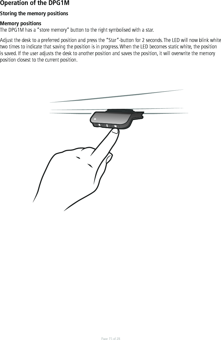 Page 15 of 28Operation of the DPG1MStoring the memory positionsMemory positionsThe DPG1M has a “store memory” button to the right symbolised with a star. Adjust the desk to a preferred position and press the “Star”-button for 2 seconds. The LED will now blink white two times to indicate that saving the position is in progress. When the LED becomes static white, the position is saved. If the user adjusts the desk to another position and saves the position, it will overwrite the memory position closest to the current position. 