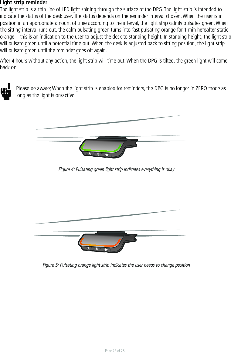 Page 25 of 28Light strip reminderThe light strip is a thin line of LED light shining through the surface of the DPG. The light strip is intended to indicate the status of the desk user. The status depends on the reminder interval chosen. When the user is in position in an appropriate amount of time according to the interval, the light strip calmly pulsates green. When the sitting interval runs out, the calm pulsating green turns into fast pulsating orange for 1 min hereafter static orange – this is an indication to the user to adjust the desk to standing height. In standing height, the light strip will pulsate green until a potential time out. When the desk is adjusted back to sitting position, the light strip will pulsate green until the reminder goes off again.    After 4 hours without any action, the light strip will time out. When the DPG is tilted, the green light will come back on. Please be aware; When the light strip is enabled for reminders, the DPG is no longer in ZERO mode as long as the light is on/active.   Figure 4: Pulsating green light strip indicates everything is okayFigure 5: Pulsating orange light strip indicates the user needs to change position