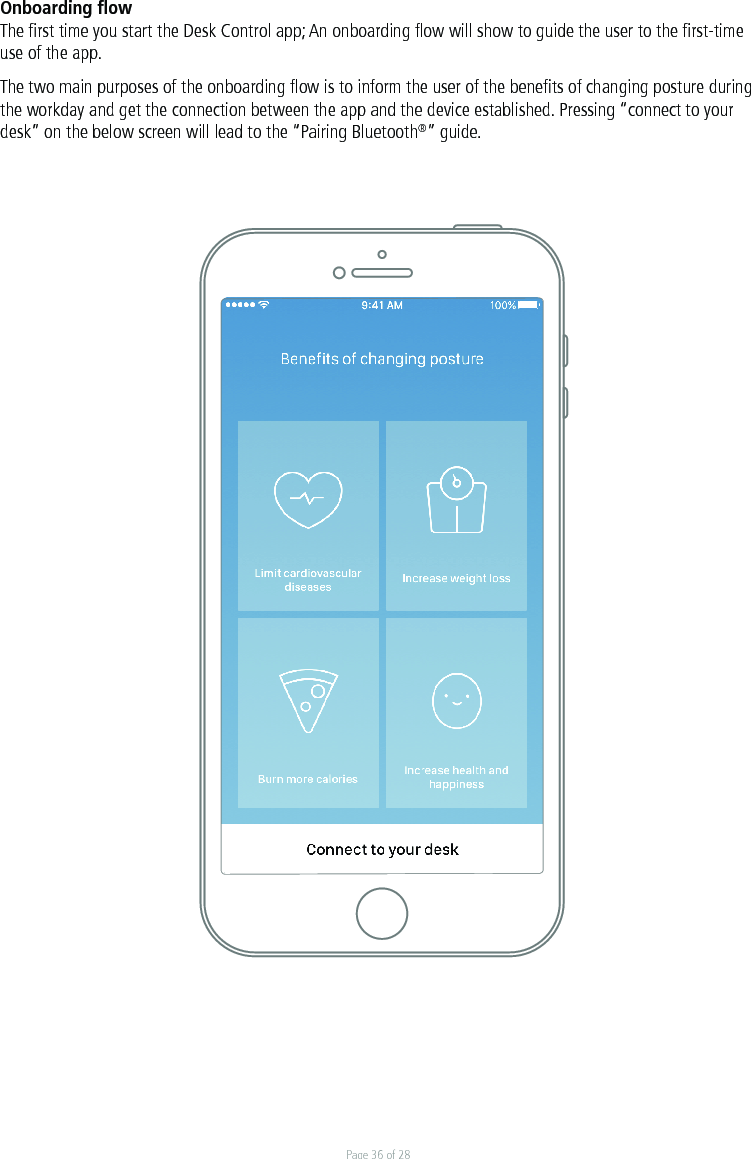 Page 36 of 28Onboarding ﬂowThe ﬁrst time you start the Desk Control app; An onboarding ﬂow will show to guide the user to the ﬁrst-time use of the app.The two main purposes of the onboarding ﬂow is to inform the user of the beneﬁts of changing posture during the workday and get the connection between the app and the device established. Pressing “connect to your desk” on the below screen will lead to the “Pairing Bluetooth®” guide.