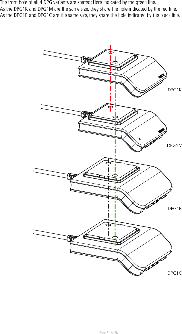 Page 31 of 28The front hole of all 4 DPG variants are shared; Here indicated by the green line.  As the DPG1K and DPG1M are the same size, they share the hole indicated by the red line.As the DPG1B and DPG1C are the same size, they share the hole indicated by the black line.Drawing No.: DPG_ASSEMBLY_ALLDPG1KDPG1MDPG1BDPG1C