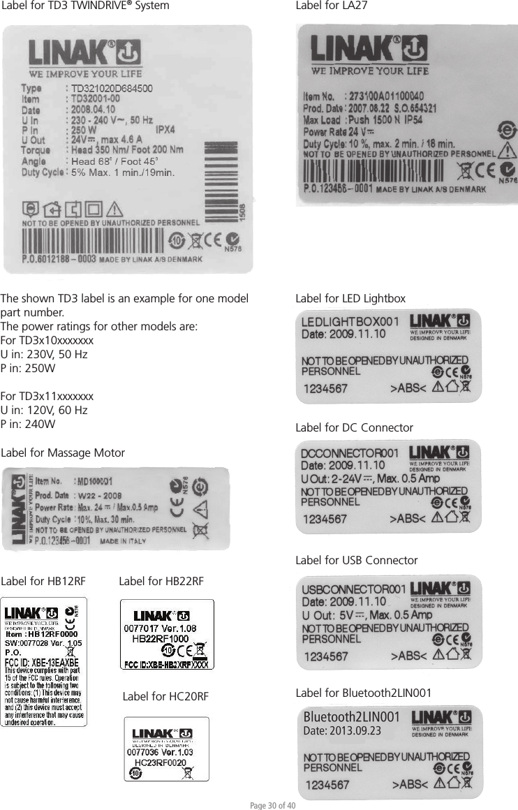 Page 30 of 40Label for TD3 TWINDRIVE® System Label for Massage MotorLabel for HB12RFLabel for LA27Label for HB22RFLabel for LED LightboxLabel for DC ConnectorLabel for USB ConnectorThe shown TD3 label is an example for one model part number.The power ratings for other models are:For TD3x10xxxxxxx U in: 230V, 50 HzP in: 250WFor TD3x11xxxxxxx U in: 120V, 60 HzP in: 240WLabel for Bluetooth2LIN001Label for HC20RF