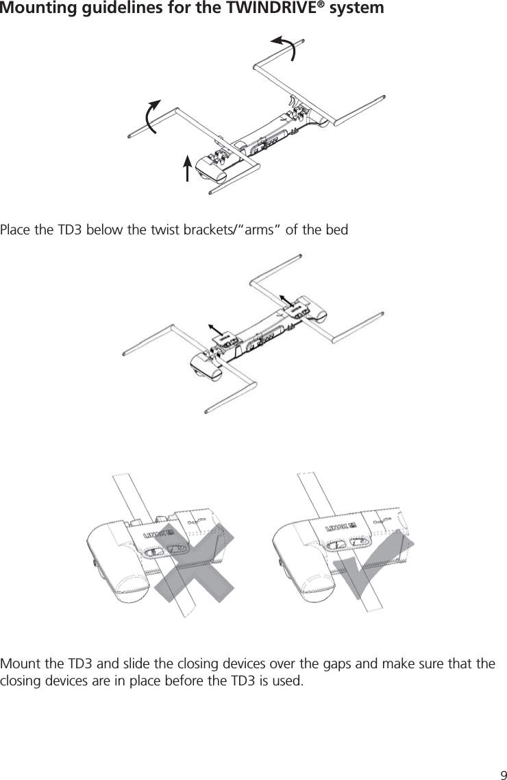 Mounting guidelines for the TWINDRIVE® systemPlace the TD3 below the twist brackets/“arms” of the bedMount the TD3 and slide the closing devices over the gaps and make sure that the closing devices are in place before the TD3 is used.9