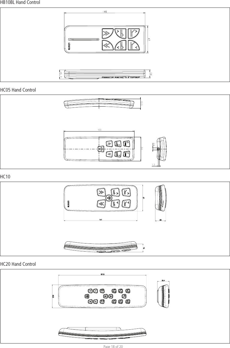 Page 18 of 20HC10HB10BL Hand ControlHC20 Hand ControlHC05 Hand ControlDrawing No.: HC0513.5 341002.91.3Drawing No.: HC05