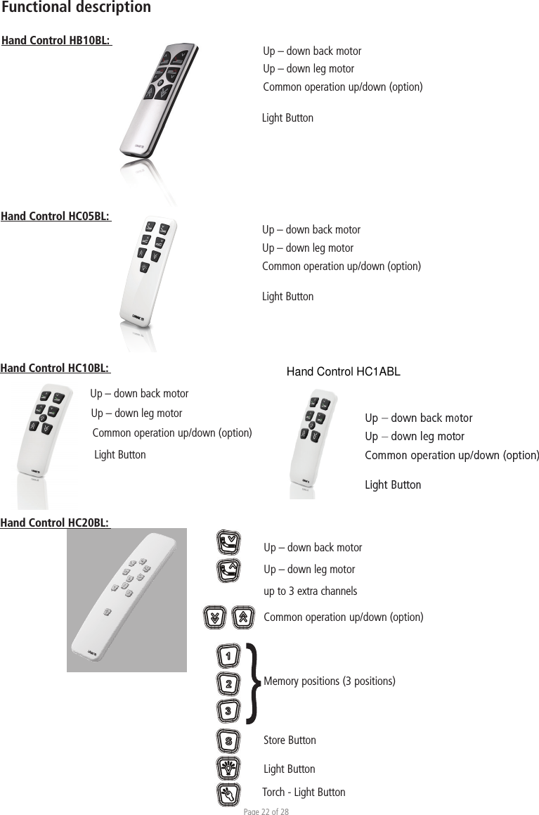 Page 22 of 28Functional descriptionHand Control HB10BL:  Up – down back motorUp – down leg motorCommon operation up/down (option)Hand Control HC05BL: Up – down back motorUp – down leg motorCommon operation up/down (option)Light ButtonHand Control HC20BL: Common operation up/down (option)Store ButtonMemory positions (3 positions)Up – down back motorUp – down leg motorup to 3 extra channelsLight ButtonTorch - Light ButtonUp – down back motorUp – down leg motorCommon operation up/down (option)Light ButtonHand Control HC10BL: Light ButtonHand Control HB1ABLHand Control HC1ABL