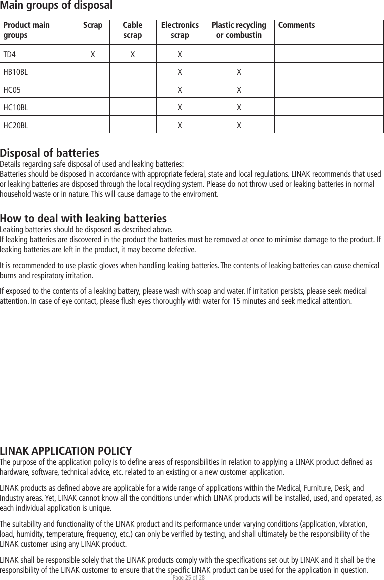 Page 25 of 28Product main groupsScrap CablescrapElectronicsscrapPlastic recycling or combustinComments TD4 X X XHB10BL X XHC05 X XHC10BL X XHC20BL X XMain groups of disposalDisposal of batteriesDetails regarding safe disposal of used and leaking batteries:Batteries should be disposed in accordance with appropriate federal, state and local regulations. LINAK recommends that used or leaking batteries are disposed through the local recycling system. Please do not throw used or leaking batteries in normal household waste or in nature. This will cause damage to the enviroment. How to deal with leaking batteriesLeaking batteries should be disposed as described above. If leaking batteries are discovered in the product the batteries must be removed at once to minimise damage to the product. If leaking batteries are left in the product, it may become defective.It is recommended to use plastic gloves when handling leaking batteries. The contents of leaking batteries can cause chemical burns and respiratory irritation. If exposed to the contents of a leaking battery, please wash with soap and water. If irritation persists, please seek medical attention. In case of eye contact, please ﬂush eyes thoroughly with water for 15 minutes and seek medical attention.LINAK APPLICATION POLICYThe purpose of the application policy is to deﬁne areas of responsibilities in relation to applying a LINAK product deﬁned as hardware, software, technical advice, etc. related to an existing or a new customer application.LINAK products as deﬁned above are applicable for a wide range of applications within the Medical, Furniture, Desk, and Industry areas. Yet, LINAK cannot know all the conditions under which LINAK products will be installed, used, and operated, as each individual application is unique.The suitability and functionality of the LINAK product and its performance under varying conditions (application, vibration, load, humidity, temperature, frequency, etc.) can only be veriﬁed by testing, and shall ultimately be the responsibility of the LINAK customer using any LINAK product. LINAK shall be responsible solely that the LINAK products comply with the speciﬁcations set out by LINAK and it shall be the responsibility of the LINAK customer to ensure that the speciﬁc LINAK product can be used for the application in question. 