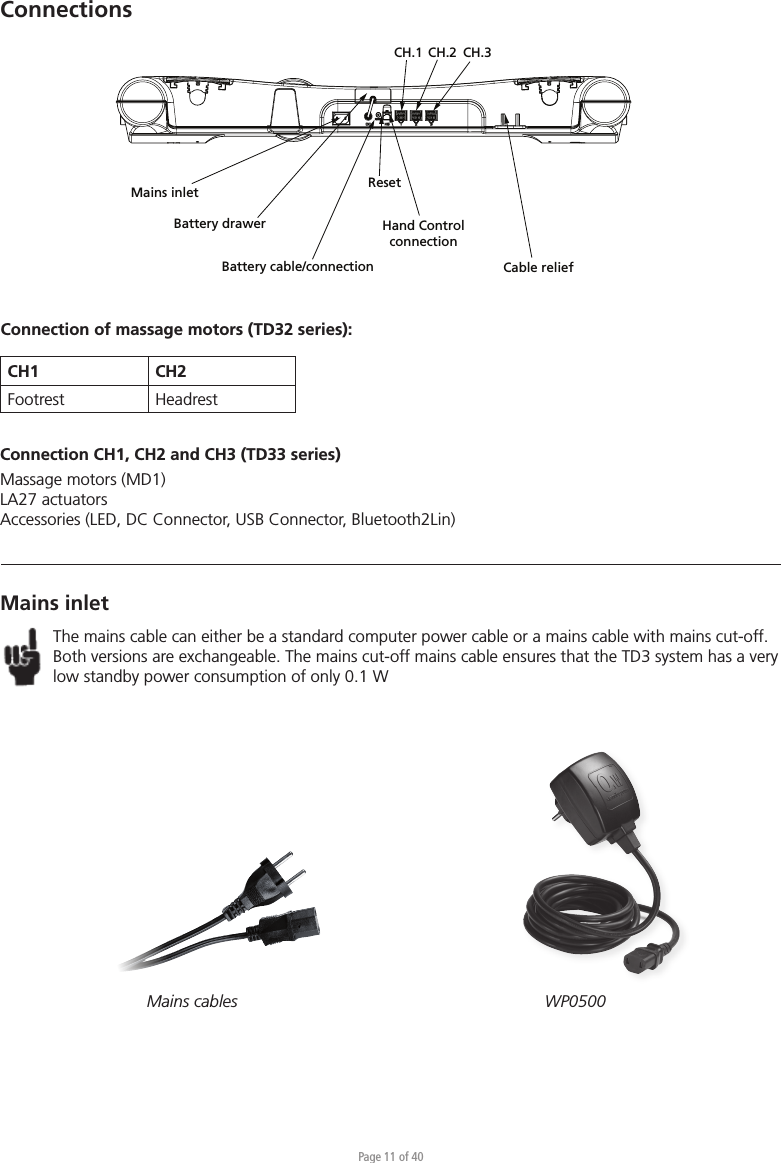 Page 11 of 40Mains inletBattery drawerBattery cable/connectionResetHand Control connectionCH.1 CH.2 CH.3Cable reliefConnectionsCH1 CH2Footrest HeadrestConnection of massage motors (TD32 series):Connection CH1, CH2 and CH3 (TD33 series)Massage motors (MD1)LA27 actuatorsAccessories (LED, DC Connector, USB Connector, Bluetooth2Lin)Mains inletThe mains cable can either be a standard computer power cable or a mains cable with mains cut-off. Both versions are exchangeable. The mains cut-off mains cable ensures that the TD3 system has a very low standby power consumption of only 0.1 WMains cables WP0500