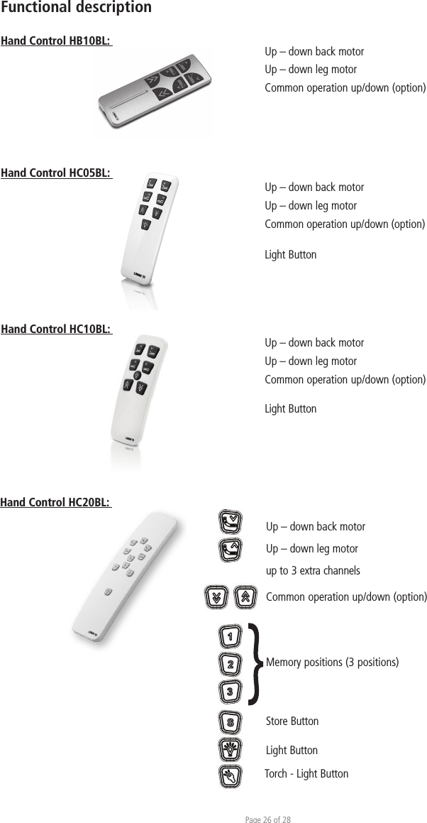 Page 26 of 28Functional descriptionHand Control HB10BL:  Up – down back motorUp – down leg motorCommon operation up/down (option)Hand Control HC05BL: Up – down back motorUp – down leg motorCommon operation up/down (option)Light ButtonHand Control HC20BL: Common operation up/down (option)Store ButtonMemory positions (3 positions)Up – down back motorUp – down leg motorup to 3 extra channelsLight ButtonTorch - Light ButtonUp – down back motorUp – down leg motorCommon operation up/down (option)Light ButtonHand Control HC10BL: 