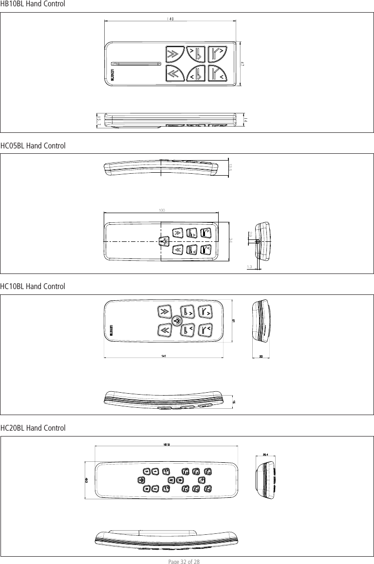 Page 32 of 28HC10BL Hand ControlHB10BL Hand ControlHC20BL Hand ControlHC05BL Hand ControlDrawing No.: HC0513.5 341002.91.3Drawing No.: HC05