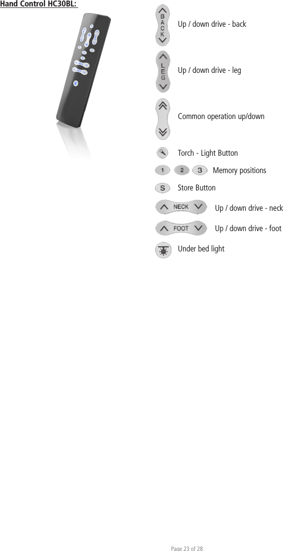 Page 23 of 28Hand Control HC30BL: Up / down drive - backUp / down drive - legCommon operation up/down Torch - Light Button  Memory positionsStore Button Up / down drive - neck  Up / down drive - footUnder bed light