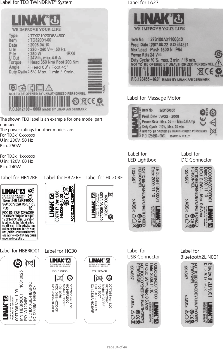 Page 34 of 44Label for TD3 TWINDRIVE® System Label for Massage MotorLabel for LA27The shown TD3 label is an example for one model part number.The power ratings for other models are:For TD3x10xxxxxxx U in: 230V, 50 HzP in: 250WFor TD3x11xxxxxxx U in: 120V, 60 HzP in: 240WLabel for HC20RFLabel for HB12RF Label for HB22RFLabel for HBBRIO01Label for LED LightboxLabel for DC ConnectorLabel for USB ConnectorLabel for Bluetooth2LIN001Label for HC30