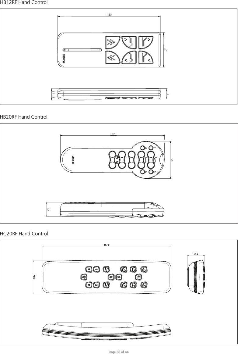 Page 38 of 44HB20RF Hand ControlHB12RF Hand ControlHC20RF Hand Control