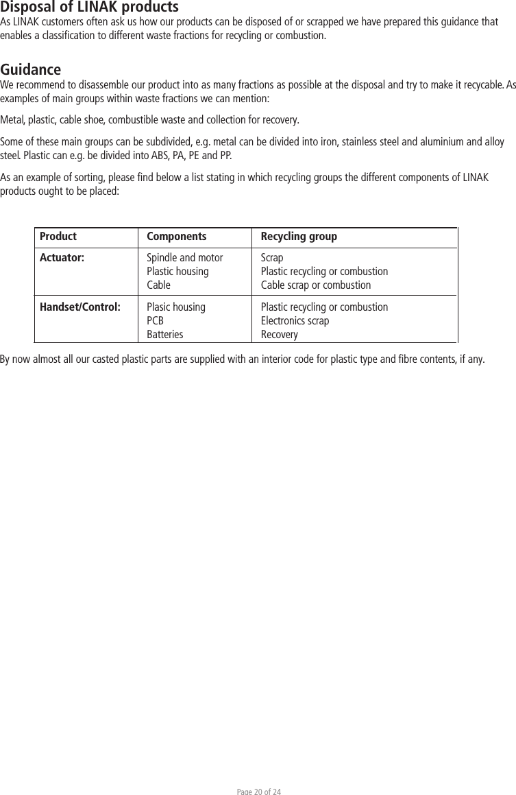 Page 20 of 24Disposal of LINAK productsAs LINAK customers often ask us how our products can be disposed of or scrapped we have prepared this guidance that enables a classiﬁcation to different waste fractions for recycling or combustion. GuidanceWe recommend to disassemble our product into as many fractions as possible at the disposal and try to make it recycable. As examples of main groups within waste fractions we can mention:Metal, plastic, cable shoe, combustible waste and collection for recovery.Some of these main groups can be subdivided, e.g. metal can be divided into iron, stainless steel and aluminium and alloy steel. Plastic can e.g. be divided into ABS, PA, PE and PP.As an example of sorting, please ﬁnd below a list stating in which recycling groups the different components of LINAK products ought to be placed:By now almost all our casted plastic parts are supplied with an interior code for plastic type and ﬁbre contents, if any.Product   Components   Recycling group Actuator:   Spindle and motor   Scrap   Plastic housing   Plastic recycling or combustion  Cable   Cable scrap or combustion Handset/Control:   Plasic housing   Plastic recycling or combustion  PCB   Electronics scrap  Batteries Recovery