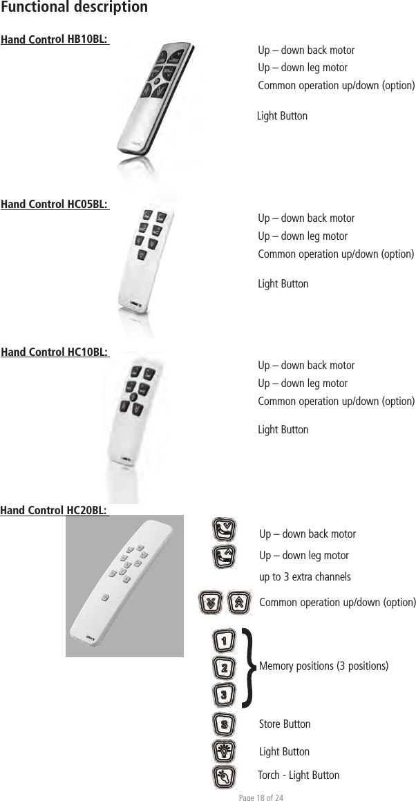 Page 18 of 24Functional descriptionHand Control HB10BL:  Up – down back motorUp – down leg motorCommon operation up/down (option)Hand Control HC05BL: Up – down back motorUp – down leg motorCommon operation up/down (option)Light ButtonHand Control HC20BL: Common operation up/down (option)Store ButtonMemory positions (3 positions)Up – down back motorUp – down leg motorup to 3 extra channelsLight ButtonTorch - Light ButtonUp – down back motorUp – down leg motorCommon operation up/down (option)Light ButtonHand Control HC10BL: Light Button