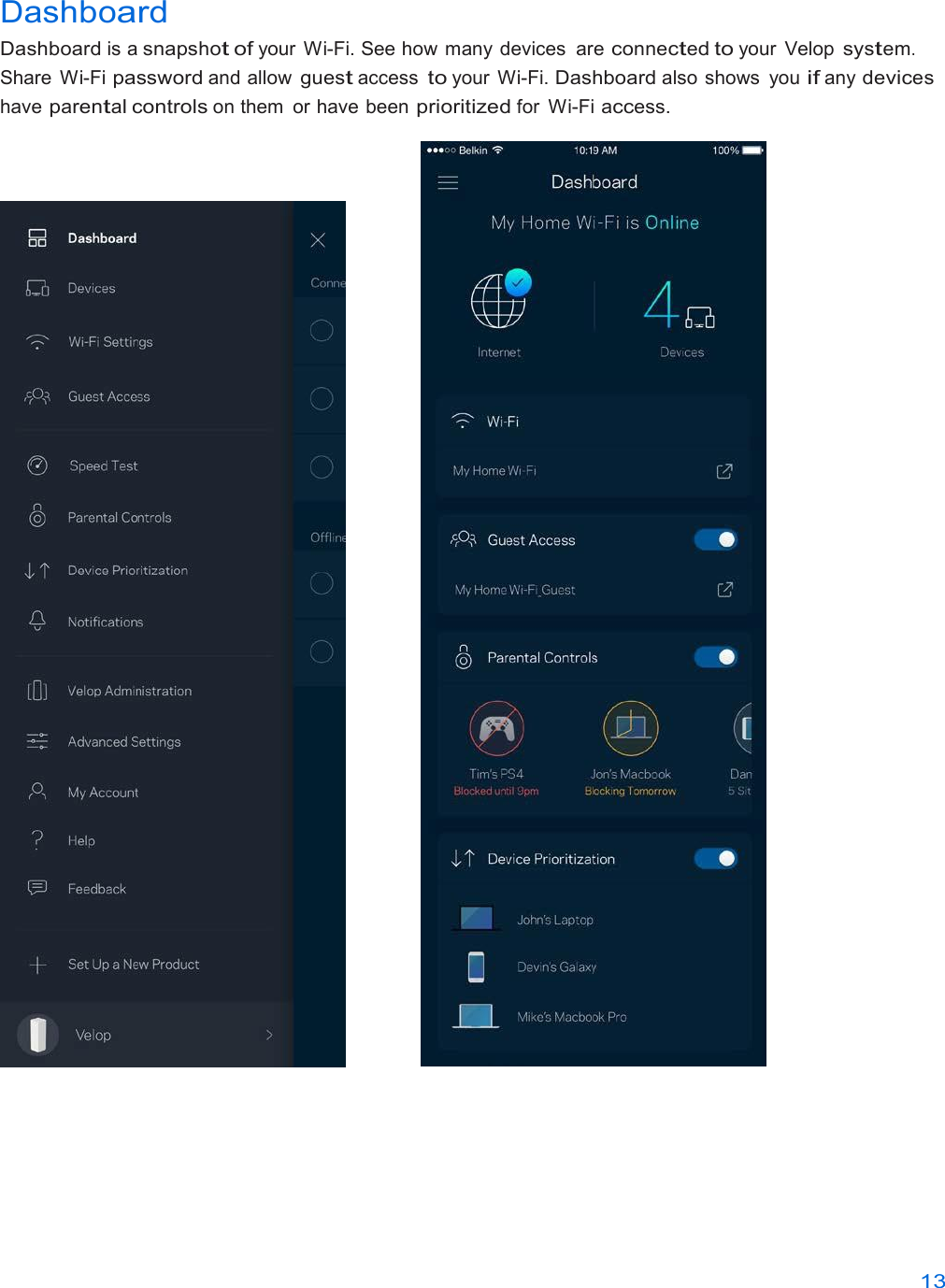 13  Dashboard Dashboard is a snapshot of your Wi-Fi. See how many  devices  are connected to your  Velop system. Share  Wi-Fi password and allow guest access to your  Wi-Fi. Dashboard also shows  you if any devices have parental controls on them  or have been prioritized for  Wi-Fi access.      