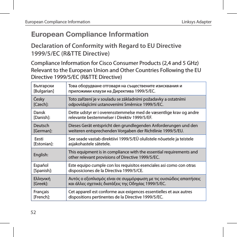 52European Compliance Information  Linksys AdapterEuropean Compliance InformationDeclaration of Conformity with Regard to EU Directive 1999/5/EC (R&amp;TTE Directive)Compliance Information for Cisco Consumer Products (2,4 and 5 GHz) Relevant to the European Union and Other Countries Following the EU Directive 1999/5/EC (R&amp;TTE Directive)Български [Bulgarian]Това оборудване отговаря на съществените изисквания и приложими клаузи на Директива 1999/5/ЕС.Česky [Czech]:Toto zařízení je v souladu se základními požadavky a ostatními odpovídajícími ustanoveními Směrnice 1999/5/EC.Dansk [Danish]:Dette udstyr er i overensstemmelse med de væsentlige krav og andre relevante bestemmelser i Direktiv 1999/5/EF.Deutsch [German]:Dieses Gerät entspricht den grundlegenden Anforderungen und den weiteren entsprechenden Vorgaben der Richtlinie 1999/5/EU. Eesti [Estonian]:See seade vastab direktiivi 1999/5/EÜ olulistele nõuetele ja teistele asjakohastele sätetele.English: This equipment is in compliance with the essential requirements and other relevant provisions of Directive 1999/5/EC.Español [Spanish]:Este equipo cumple con los requisitos esenciales asi como con otras disposiciones de la Directiva 1999/5/CE.Ελληνική [Greek]:Αυτός ο εξοπλισµός είναι σε συµµόρφωση µε τις ουσιώδεις απαιτήσεις και άλλες σχετικές διατάξεις της Οδηγίας 1999/5/EC.Français [French]:Cet appareil est conforme aux exigences essentielles et aux autres dispositions pertinentes de la Directive 1999/5/EC.