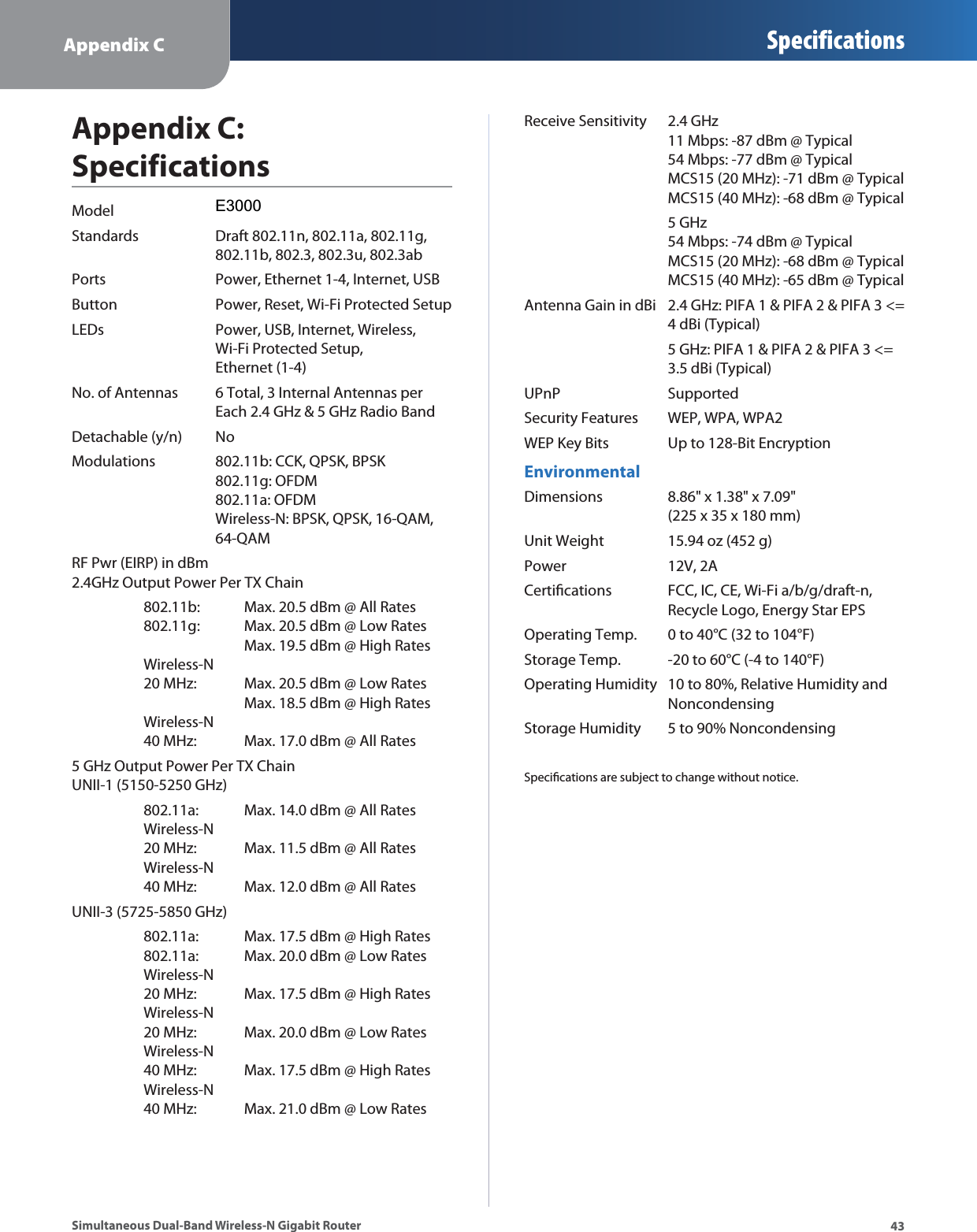 Appendix C Specifications43Simultaneous Dual-Band Wireless-N Gigabit RouterAppendix C: SpecificationsModel WRT610NStandards  Draft 802.11n, 802.11a, 802.11g, 802.11b, 802.3, 802.3u, 802.3abPorts  Power, Ethernet 1-4, Internet, USBButton  Power, Reset, Wi-Fi Protected SetupLEDs  Power, USB, Internet, Wireless, Wi-Fi Protected Setup, Ethernet (1-4)No. of Antennas  6 Total, 3 Internal Antennas per  Each 2.4 GHz &amp; 5 GHz Radio BandDetachable (y/n)  NoModulations  802.11b: CCK, QPSK, BPSK  802.11g: OFDM 802.11a: OFDM Wireless-N: BPSK, QPSK, 16-QAM, 64-QAMRF Pwr (EIRP) in dBm 2.4GHz Output Power Per TX Chain802.11b:  Max. 20.5 dBm @ All Rates 802.11g:   Max. 20.5 dBm @ Low Rates       Max. 19.5 dBm @ High Rates Wireless-N  20 MHz:  Max. 20.5 dBm @ Low Rates       Max. 18.5 dBm @ High Rates Wireless-N  40 MHz:  Max. 17.0 dBm @ All Rates5 GHz Output Power Per TX Chain UNII-1 (5150-5250 GHz)802.11a:  Max. 14.0 dBm @ All Rates Wireless-N  20 MHz:  Max. 11.5 dBm @ All Rates Wireless-N  40 MHz:   Max. 12.0 dBm @ All RatesUNII-3 (5725-5850 GHz)802.11a:  Max. 17.5 dBm @ High Rates 802.11a:   Max. 20.0 dBm @ Low Rates Wireless-N  20 MHz:  Max. 17.5 dBm @ High Rates Wireless-N  20 MHz:  Max. 20.0 dBm @ Low Rates Wireless-N  40 MHz:  Max. 17.5 dBm @ High Rates Wireless-N  40 MHz:  Max. 21.0 dBm @ Low RatesReceive Sensitivity  2.4 GHz   11 Mbps: -87 dBm @ Typical   54 Mbps: -77 dBm @ Typical   MCS15 (20 MHz): -71 dBm @ Typical   MCS15 (40 MHz): -68 dBm @ Typical 5 GHz   54 Mbps: -74 dBm @ Typical   MCS15 (20 MHz): -68 dBm @ Typical   MCS15 (40 MHz): -65 dBm @ TypicalAntenna Gain in dBi  2.4 GHz: PIFA 1 &amp; PIFA 2 &amp; PIFA 3 &lt;=   4 dBi (Typical)  5 GHz: PIFA 1 &amp; PIFA 2 &amp; PIFA 3 &lt;=   3.5 dBi (Typical)UPnP   SupportedSecurity Features  WEP, WPA, WPA2WEP Key Bits  Up to 128-Bit EncryptionEnvironmentalDimensions  8.86&quot; x 1.38&quot; x 7.09&quot;   (225 x 35 x 180 mm)Unit Weight  15.94 oz (452 g)Power 12V, 2ACertiﬁcations  FCC, IC, CE, Wi-Fi a/b/g/draft-n,    Recycle Logo, Energy Star EPSOperating Temp.  0 to 40°C (32 to 104°F)Storage Temp.  -20 to 60°C (-4 to 140°F)Operating Humidity  10 to 80%, Relative Humidity and   NoncondensingStorage Humidity  5 to 90% NoncondensingSpeciﬁcations are subject to change without notice.E3000