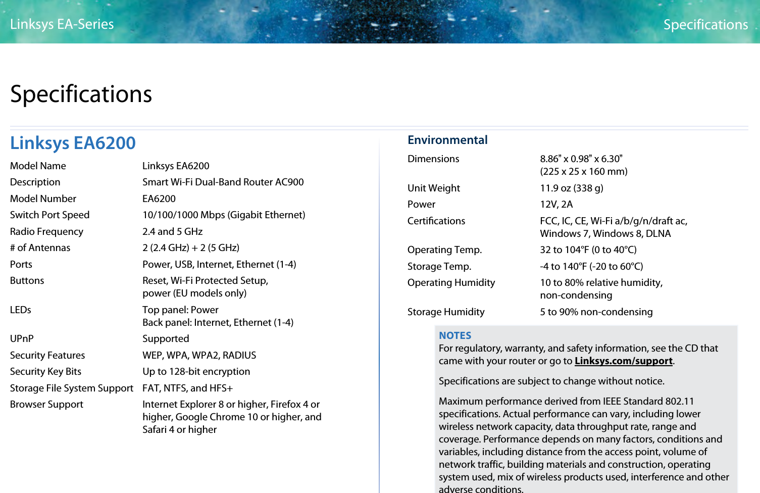 9SpecificationsLinksys EA-Series99Linksys EA6200Model Name  Linksys EA6200Description  Smart Wi-Fi Dual-Band Router AC900Model Number  EA6200Switch Port Speed  10/100/1000 Mbps (Gigabit Ethernet)Radio Frequency  2.4 and 5 GHz# of Antennas  2 (2.4 GHz) + 2 (5 GHz)Ports  Power, USB, Internet, Ethernet (1-4)Buttons  Reset, Wi-Fi Protected Setup,    power (EU models only)LEDs  Top panel: Power   Back panel: Internet, Ethernet (1-4)UPnP SupportedSecurity Features  WEP, WPA, WPA2, RADIUSSecurity Key Bits  Up to 128-bit encryptionStorage File System Support  FAT, NTFS, and HFS+Browser Support  Internet Explorer 8 or higher, Firefox 4 or   higher, Google Chrome 10 or higher, and    Safari 4 or higherEnvironmentalDimensions 8.86” x 0.98” x 6.30”   (225 x 25 x 160 mm)Unit Weight  11.9 oz (338 g)Power  12V, 2ACertications  FCC, IC, CE, Wi-Fi a/b/g/n/draft ac,    Windows7, Windows 8, DLNAOperating Temp.  32 to 104°F (0 to 40°C)Storage Temp.  -4 to 140°F (-20 to 60°C)Operating Humidity  10 to 80% relative humidity,   non-condensingStorage Humidity  5 to 90% non-condensingNOTESFor regulatory, warranty, and safety information, see the CD that came with your router or go to Linksys.com/support.Specifications are subject to change without notice.Maximum performance derived from IEEE Standard 802.11 specifications. Actual performance can vary, including lower wireless network capacity, data throughput rate, range and coverage. Performance depends on many factors, conditions and variables, including distance from the access point, volume of network traffic, building materials and construction, operating system used, mix of wireless products used, interference and other adverse conditions.Specifications