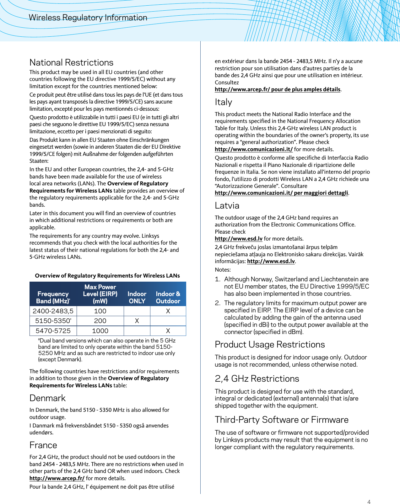4Wireless Regulatory InformationNational RestrictionsThis product may be used in all EU countries (and other countries following the EU directive 1999/5/EC) without any limitation except for the countries mentioned below:Ce produit peut être utilisé dans tous les pays de l’UE (et dans tous les pays ayant transposés la directive 1999/5/CE) sans aucune limitation, excepté pour les pays mentionnés ci-dessous:Questo prodotto è utilizzabile in tutti i paesi EU (e in tutti gli altri paesi che seguono le direttive EU 1999/5/EC) senza nessuna limitazione, eccetto per i paesi menzionati di seguito:Das Produkt kann in allen EU Staaten ohne Einschränkungen eingesetzt werden (sowie in anderen Staaten die der EU Direktive 1999/5/CE folgen) mit Außnahme der folgenden aufgeführten Staaten:In the EU and other European countries, the 2,4- and 5-GHz bands have been made available for the use of wireless local area networks (LANs). The Overview of Regulatory Requirements for Wireless LANs table provides an overview of the regulatory requirements applicable for the 2,4- and 5-GHz bands.Later in this document you will find an overview of countries in which additional restrictions or requirements or both are applicable.The requirements for any country may evolve. Linksys recommends that you check with the local authorities for the latest status of their national regulations for both the 2,4- and 5-GHz wireless LANs. Overview of Regulatory Requirements for Wireless LANsFrequency Band (MHz)†Max Power Level (EIRP) (mW)Indoor ONLYIndoor &amp; Outdoor2400-2483,5 100 X5150-5350†200 X5470-5725 1000 X†Dual band versions which can also operate in the 5 GHz band are limited to only operate within the band 5150-5250 MHz and as such are restricted to indoor use only (except Denmark).The following countries have restrictions and/or requirements in addition to those given in the Overview of Regulatory Requirements for Wireless LANs table:DenmarkIn Denmark, the band 5150 - 5350 MHz is also allowed for outdoor usage.I Danmark må frekvensbåndet 5150 - 5350 også anvendes udendørs.FranceFor 2,4 GHz, the product should not be used outdoors in the band 2454 - 2483,5 MHz. There are no restrictions when used in other parts of the 2,4 GHz band OR when used indoors. Check http://www.arcep.fr/ for more details.Pour la bande 2,4 GHz, l’ équipement ne doit pas être utilisé en extérieur dans la bande 2454 - 2483,5 MHz. Il n’y a aucune restriction pour son utilisation dans d’autres parties de la bande des 2,4 GHz ainsi que pour une utilisation en intérieur. Consultez  http://www.arcep.fr/ pour de plus amples détails.ItalyThis product meets the National Radio Interface and the requirements specified in the National Frequency Allocation Table for Italy. Unless this 2,4-GHz wireless LAN product is operating within the boundaries of the owner’s property, its use requires a “general authorization”. Please check  http://www.comunicazioni.it/ for more details. Questo prodotto è conforme alle specifiche di Interfaccia Radio Nazionali e rispetta il Piano Nazionale di ripartizione delle frequenze in Italia. Se non viene installato all’interno del proprio fondo, l’utilizzo di prodotti Wireless LAN a 2,4 GHz richiede una “Autorizzazione Generale”. Consultare  http://www.comunicazioni.it/ per maggiori dettagli.LatviaThe outdoor usage of the 2,4 GHz band requires an authorization from the Electronic Communications Office. Please check  http://www.esd.lv for more details.2,4 GHz frekveču joslas izmantošanai ārpus telpām nepieciešama atļauja no Elektronisko sakaru direkcijas. Vairāk informācijas: http://www.esd.lv.Notes:1.  Although Norway, Switzerland and Liechtenstein are not EU member states, the EU Directive 1999/5/EC has also been implemented in those countries.2.  The regulatory limits for maximum output power are specified in EIRP. The EIRP level of a device can be calculated by adding the gain of the antenna used (specified in dBi) to the output power available at the connector (specified in dBm).Product Usage RestrictionsThis product is designed for indoor usage only. Outdoor usage is not recommended, unless otherwise noted.2,4 GHz RestrictionsThis product is designed for use with the standard, integral or dedicated (external) antenna(s) that is/are shipped together with the equipment.Third-Party Software or FirmwareThe use of software or firmware not supported/provided by Linksys products may result that the equipment is no longer compliant with the regulatory requirements.  
