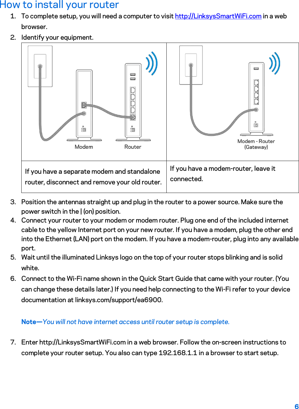 6  How to install your router 1. To complete setup, you will need a computer to visit http://LinksysSmartWiFi.com in a web browser. 2. Identify your equipment.   If you have a separate modem and standalone router, disconnect and remove your old router. If you have a modem-router, leave it connected. 3. Position the antennas straight up and plug in the router to a power source. Make sure the power switch in the | (on) position. 4. Connect your router to your modem or modem router. Plug one end of the included internet cable to the yellow Internet port on your new router. If you have a modem, plug the other end into the Ethernet (LAN) port on the modem. If you have a modem-router, plug into any available port. 5. Wait until the illuminated Linksys logo on the top of your router stops blinking and is solid white.  6. Connect to the Wi-Fi name shown in the Quick Start Guide that came with your router. (You can change these details later.) If you need help connecting to the Wi-Fi refer to your device documentation at linksys.com/support/ea6900. Note—You will not have internet access until router setup is complete. 7. Enter http://LinksysSmartWiFi.com in a web browser. Follow the on-screen instructions to complete your router setup. You also can type 192.168.1.1 in a browser to start setup. 