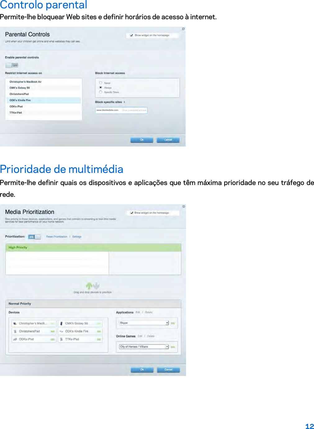 12  Controlo parental Permite-lhe bloquear Web sites e definir horários de acesso à internet.  Prioridade de multimédia Permite-lhe definir quais os dispositivos e aplicações que têm máxima prioridade no seu tráfego de rede.  