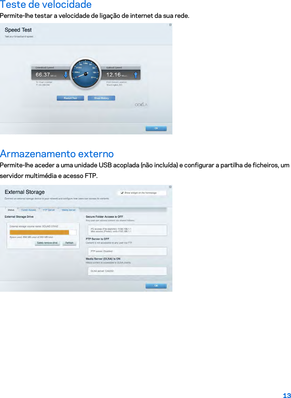 13  Teste de velocidade Permite-lhe testar a velocidade de ligação de internet da sua rede.  Armazenamento externo Permite-lhe aceder a uma unidade USB acoplada (não incluída) e configurar a partilha de ficheiros, um servidor multimédia e acesso FTP.  