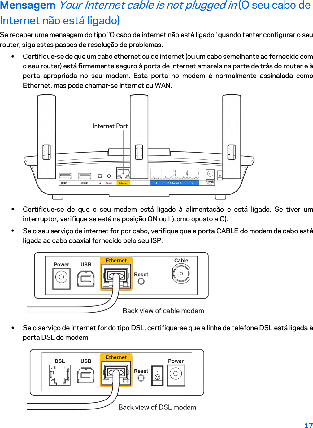 17  Mensagem Your Internet cable is not plugged in (O seu cabo de Internet não está ligado) Se receber uma mensagem do tipo &quot;O cabo de internet não está ligado&quot; quando tentar configurar o seu router, siga estes passos de resolução de problemas. • Certifique-se de que um cabo ethernet ou de internet (ou um cabo semelhante ao fornecido com o seu router) está firmemente seguro à porta de internet amarela na parte de trás do router e à porta apropriada no seu modem. Esta porta no modem é normalmente assinalada como Ethernet, mas pode chamar-se Internet ou WAN.   • Certifique-se de que o seu modem está ligado à alimentação e está ligado. Se tiver um interruptor, verifique se está na posição ON ou l (como oposto a O). • Se o seu serviço de internet for por cabo, verifique que a porta CABLE do modem de cabo está ligada ao cabo coaxial fornecido pelo seu ISP.   • Se o serviço de internet for do tipo DSL, certifique-se que a linha de telefone DSL está ligada à porta DSL do modem.  