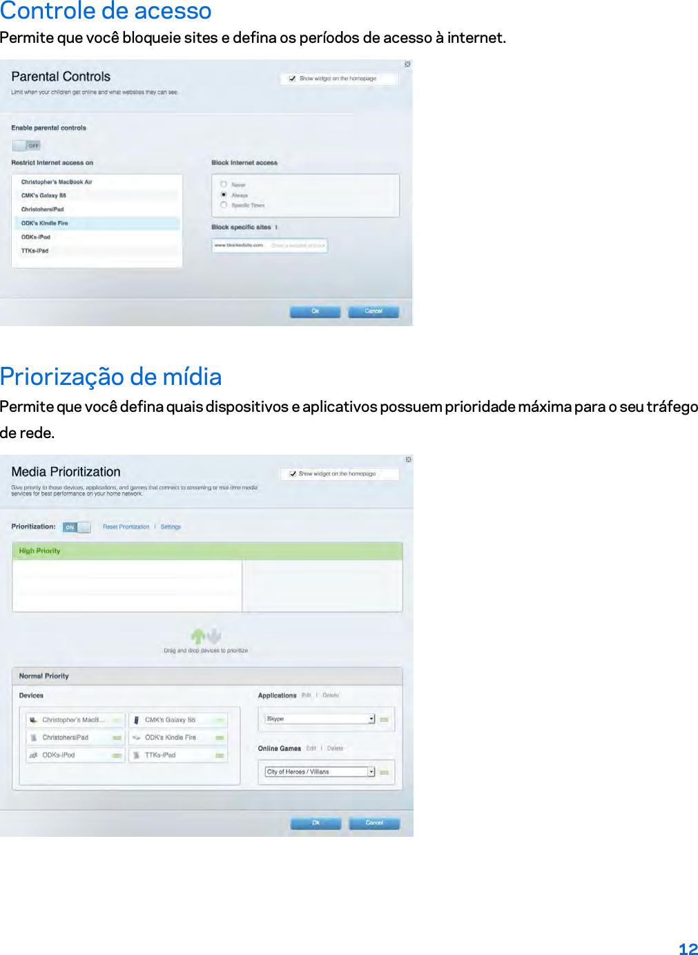 12  Controle de acesso Permite que você bloqueie sites e defina os períodos de acesso à internet.  Priorização de mídia Permite que você defina quais dispositivos e aplicativos possuem prioridade máxima para o seu tráfego de rede.  