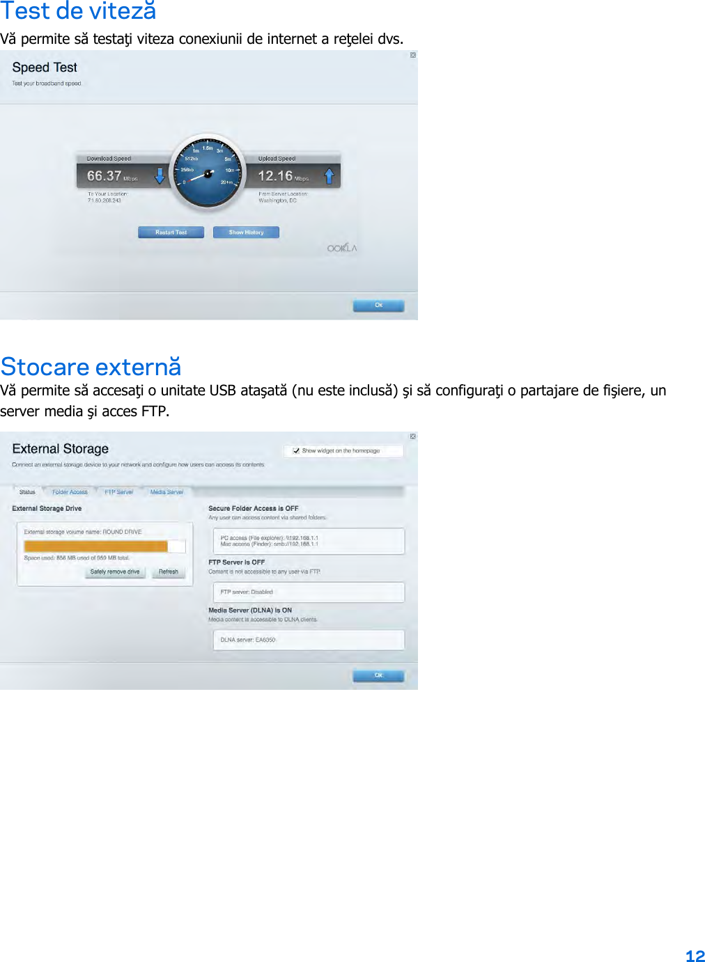12  Test de viteză Vă permite să testaţi viteza conexiunii de internet a reţelei dvs.  Stocare externă Vă permite să accesaţi o unitate USB ataşată (nu este inclusă) şi să configuraţi o partajare de fişiere, un server media şi acces FTP.  