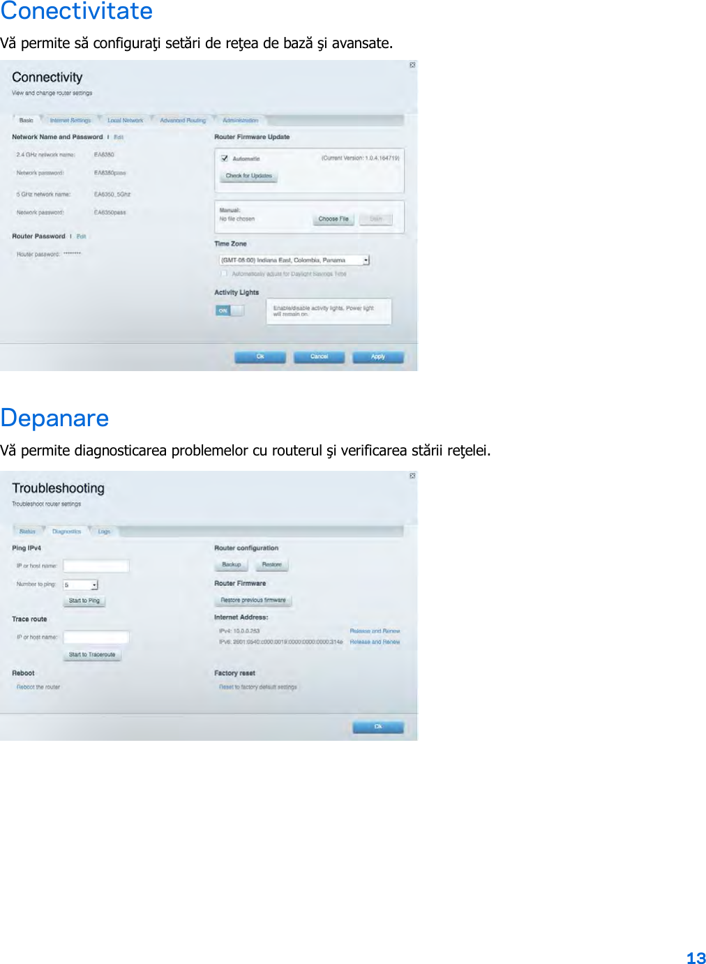 13  Conectivitate Vă permite să configuraţi setări de reţea de bază şi avansate.  Depanare Vă permite diagnosticarea problemelor cu routerul şi verificarea stării reţelei.  