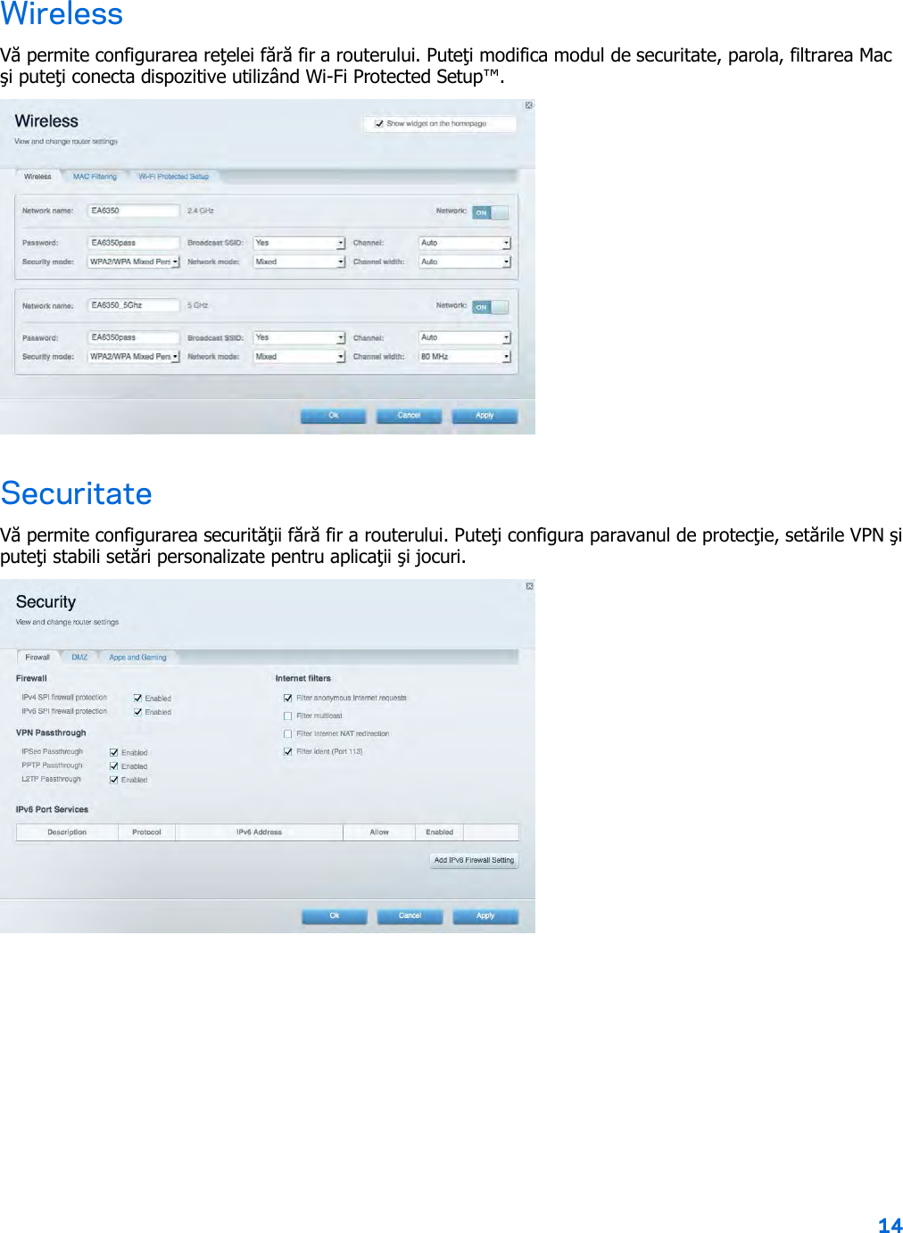 14  Wireless Vă permite configurarea reţelei fără fir a routerului. Puteţi modifica modul de securitate, parola, filtrarea Mac şi puteţi conecta dispozitive utilizând Wi-Fi Protected Setup™.  Securitate Vă permite configurarea securităţii fără fir a routerului. Puteţi configura paravanul de protecţie, setările VPN şi puteţi stabili setări personalizate pentru aplicaţii şi jocuri.    