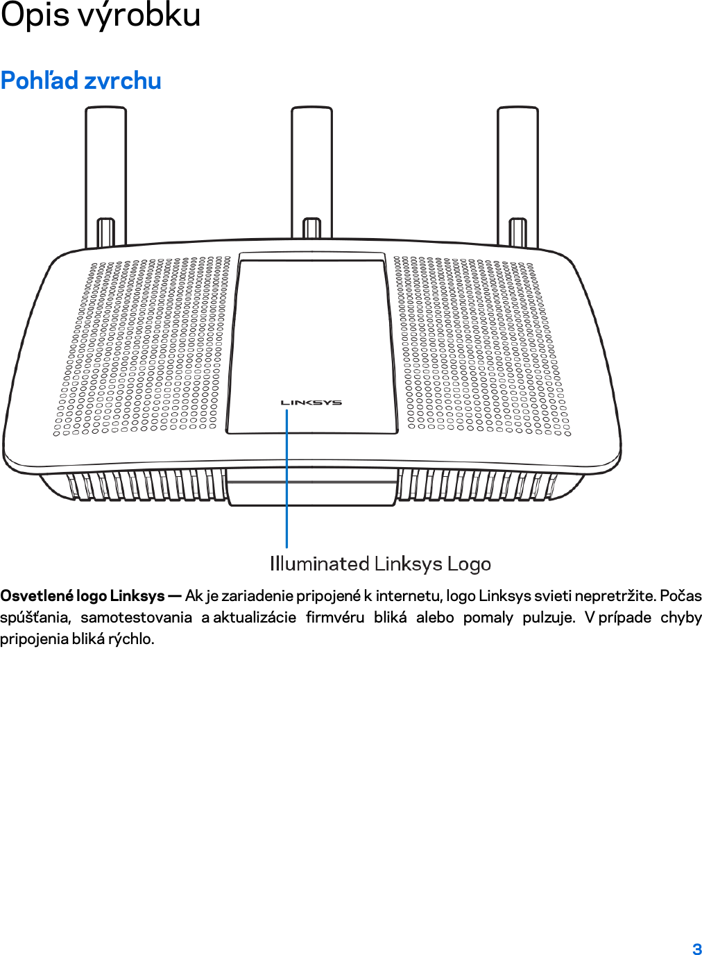 3  Opis výrobku  Pohľad zvrchu  Osvetlené logo Linksys — Ak je zariadenie pripojené k internetu, logo Linksys svieti nepretržite. Počas spúšťania, samotestovania a aktualizácie firmvéru bliká alebo pomaly pulzuje. V prípade chyby pripojenia bliká rýchlo. 