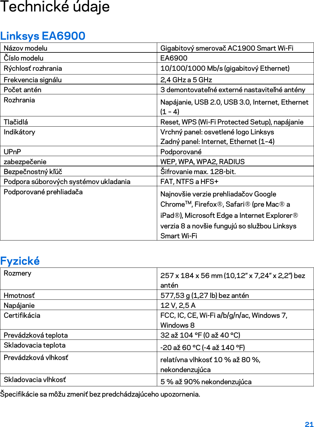 21  Technické údaje Linksys EA6900 Názov modelu Gigabitový smerovač AC1900 Smart Wi-Fi Číslo modelu EA6900 Rýchlosť rozhrania 10/100/1000 Mb/s (gigabitový Ethernet) Frekvencia signálu 2,4 GHz a 5 GHz Počet antén 3 demontovateľné externé nastaviteľné antény Rozhrania Napájanie, USB 2.0, USB 3.0, Internet, Ethernet (1 – 4) Tlačidlá Reset, WPS (Wi-Fi Protected Setup), napájanie  Indikátory Vrchný panel: osvetlené logo Linksys Zadný panel: Internet, Ethernet (1–4) UPnP Podporované zabezpečenie WEP, WPA, WPA2, RADIUS Bezpečnostný kľúč Šifrovanie max. 128-bit. Podpora súborových systémov ukladania FAT, NTFS a HFS+ Podporované prehliadača Najnovšie verzie prehliadačov Google ChromeTM, Firefox®, Safari® (pre Mac® a iPad®), Microsoft Edge a Internet Explorer® verzia 8 a novšie fungujú so službou Linksys Smart Wi-Fi Fyzické Rozmery 257 x 184 x 56 mm (10,12” x 7,24” x 2,2”) bez antén Hmotnosť 577,53 g (1,27 lb) bez antén Napájanie 12 V, 2,5 A Certifikácia FCC, IC, CE, Wi-Fi a/b/g/n/ac, Windows 7, Windows 8 Prevádzková teplota 32 až 104 °F (0 až 40 °C) Skladovacia teplota -20 až 60 °C (-4 až 140 °F) Prevádzková vlhkosť relatívna vlhkosť 10 % až 80 %, nekondenzujúca Skladovacia vlhkosť 5 % až 90% nekondenzujúca Špecifikácie sa môžu zmeniť bez predchádzajúceho upozornenia.   