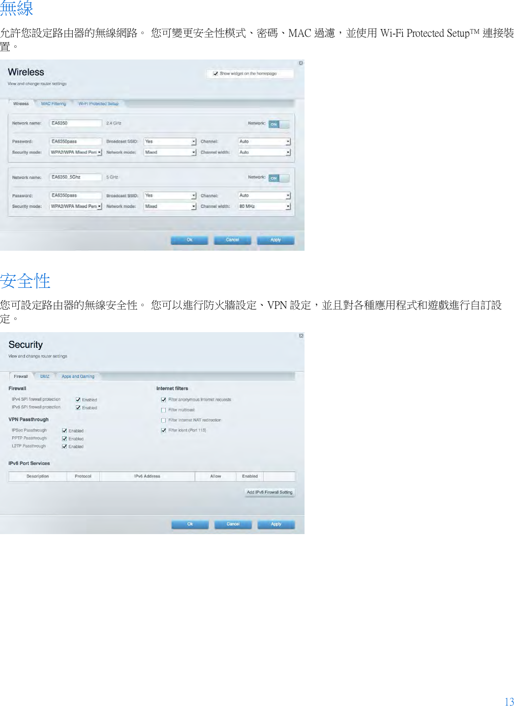 13  無線 允許您設定路由器的無線網路。 您可變更安全性模式、密碼、MAC 過濾，並使用 Wi-Fi Protected Setup™ 連接裝置。  安全性 您可設定路由器的無線安全性。 您可以進行防火牆設定、VPN 設定，並且對各種應用程式和遊戲進行自訂設定。     