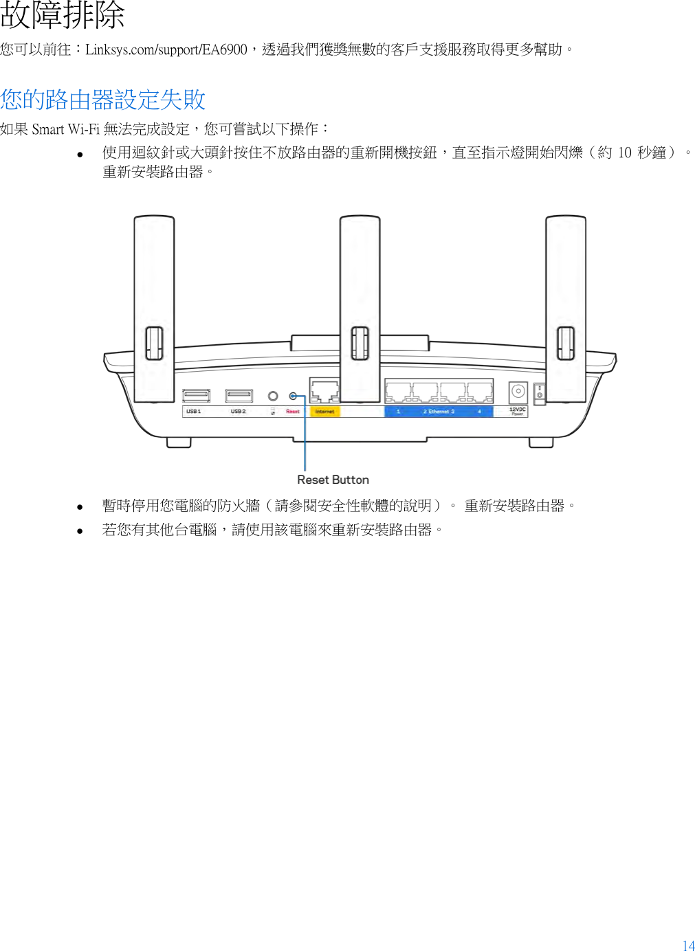 14  故障排除 您可以前往：Linksys.com/support/EA6900，透過我們獲獎無數的客戶支援服務取得更多幫助。 您的路由器設定失敗 如果 Smart Wi-Fi 無法完成設定，您可嘗試以下操作： • 使用迴紋針或大頭針按住不放路由器的重新開機按鈕，直至指示燈開始閃爍（約 10 秒鐘）。 重新安裝路由器。   • 暫時停用您電腦的防火牆（請參閱安全性軟體的說明）。 重新安裝路由器。 • 若您有其他台電腦，請使用該電腦來重新安裝路由器。 