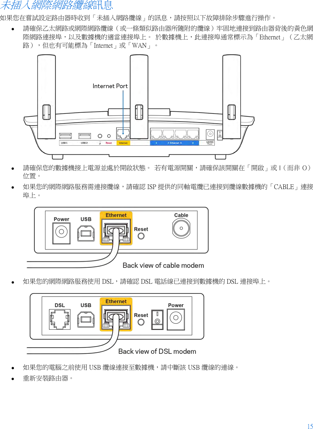 15  未插入網際網路纜線訊息 如果您在嘗試設定路由器時收到「未插入網路纜線」的訊息，請按照以下故障排除步驟進行操作。 • 請確保乙太網路或網際網路纜線（或一條類似路由器所隨附的纜線）牢固地連接到路由器背後的黃色網際網路連接埠，以及數據機的適當連接埠上。 於數據機上，此連接埠通常標示為「Ethernet」（乙太網路），但也有可能標為「Internet」或「WAN」。   • 請確保您的數據機接上電源並處於開啟狀態。 若有電源開關，請確保該開關在「開啟」或 |（而非  O）位置。 • 如果您的網際網路服務需連接纜線，請確認 ISP 提供的同軸電纜已連接到纜線數據機的「CABLE」連接埠上。   • 如果您的網際網路服務使用 DSL，請確認 DSL 電話線已連接到數據機的 DSL 連接埠上。  • 如果您的電腦之前使用 USB 纜線連接至數據機，請中斷該 USB 纜線的連線。 • 重新安裝路由器。 