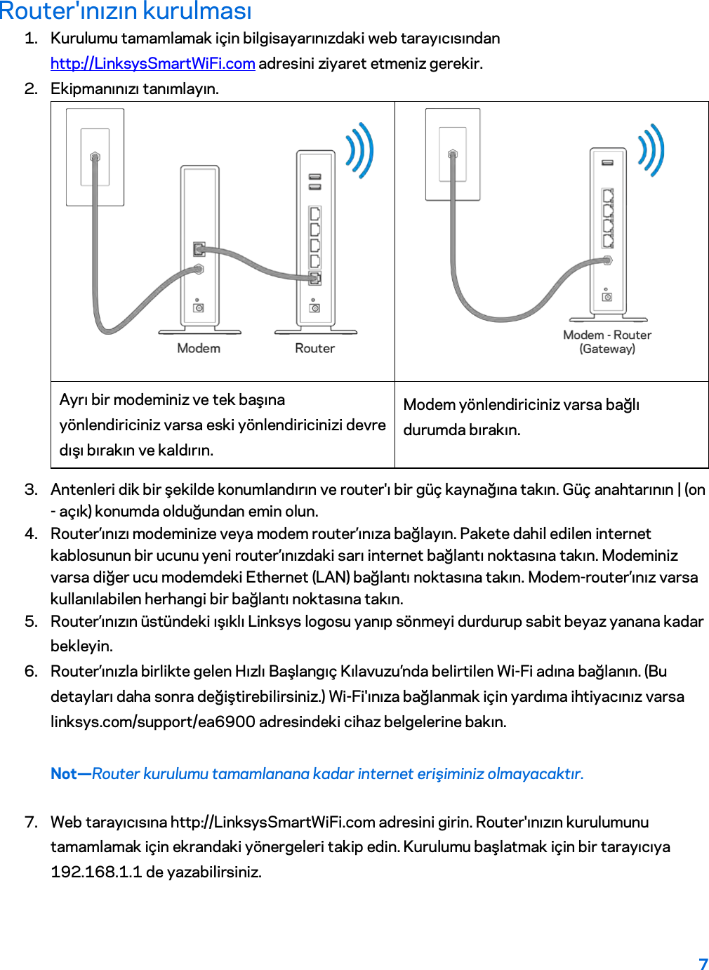 7  Router&apos;ınızın kurulması 1. Kurulumu tamamlamak için bilgisayarınızdaki web tarayıcısından http://LinksysSmartWiFi.com adresini ziyaret etmeniz gerekir. 2. Ekipmanınızı tanımlayın.   Ayrı bir modeminiz ve tek başına yönlendiriciniz varsa eski yönlendiricinizi devre dışı bırakın ve kaldırın. Modem yönlendiriciniz varsa bağlı durumda bırakın. 3. Antenleri dik bir şekilde konumlandırın ve router&apos;ı bir güç kaynağına takın. Güç anahtarının | (on - açık) konumda olduğundan emin olun. 4. Router’ınızı modeminize veya modem router’ınıza bağlayın. Pakete dahil edilen internet kablosunun bir ucunu yeni router’ınızdaki sarı internet bağlantı noktasına takın. Modeminiz varsa diğer ucu modemdeki Ethernet (LAN) bağlantı noktasına takın. Modem-router’ınız varsa kullanılabilen herhangi bir bağlantı noktasına takın. 5. Router’ınızın üstündeki ışıklı Linksys logosu yanıp sönmeyi durdurup sabit beyaz yanana kadar bekleyin.  6. Router’ınızla birlikte gelen Hızlı Başlangıç Kılavuzu’nda belirtilen Wi-Fi adına bağlanın. (Bu detayları daha sonra değiştirebilirsiniz.) Wi-Fi&apos;ınıza bağlanmak için yardıma ihtiyacınız varsa linksys.com/support/ea6900 adresindeki cihaz belgelerine bakın. Not—Router kurulumu tamamlanana kadar internet erişiminiz olmayacaktır. 7. Web tarayıcısına http://LinksysSmartWiFi.com adresini girin. Router&apos;ınızın kurulumunu tamamlamak için ekrandaki yönergeleri takip edin. Kurulumu başlatmak için bir tarayıcıya 192.168.1.1 de yazabilirsiniz. 