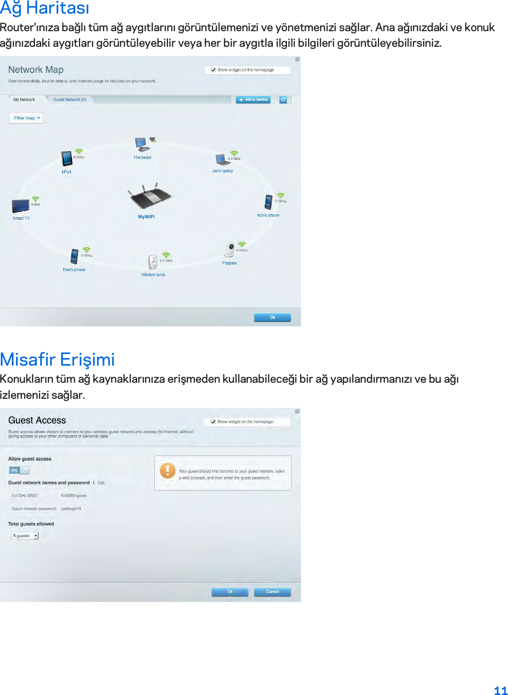 11  Ağ Haritası Router&apos;ınıza bağlı tüm ağ aygıtlarını görüntülemenizi ve yönetmenizi sağlar. Ana ağınızdaki ve konuk ağınızdaki aygıtları görüntüleyebilir veya her bir aygıtla ilgili bilgileri görüntüleyebilirsiniz.  Misafir Erişimi Konukların tüm ağ kaynaklarınıza erişmeden kullanabileceği bir ağ yapılandırmanızı ve bu ağı izlemenizi sağlar.  
