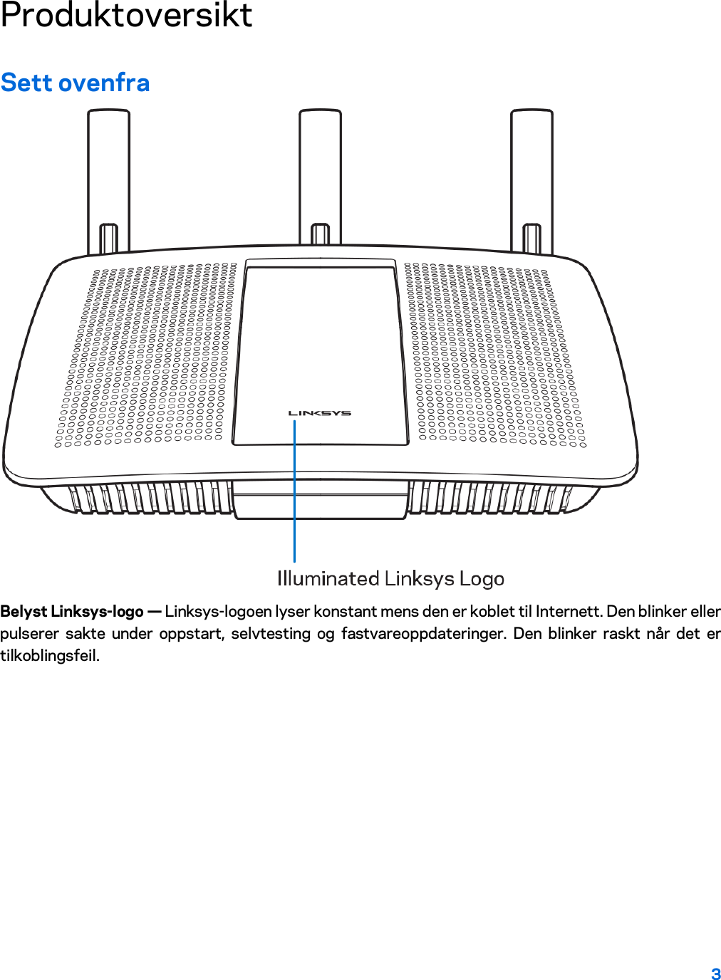 3  Produktoversikt  Sett ovenfra  Belyst Linksys-logo — Linksys-logoen lyser konstant mens den er koblet til Internett. Den blinker eller pulserer sakte under oppstart, selvtesting og fastvareoppdateringer. Den blinker raskt når det er tilkoblingsfeil. 