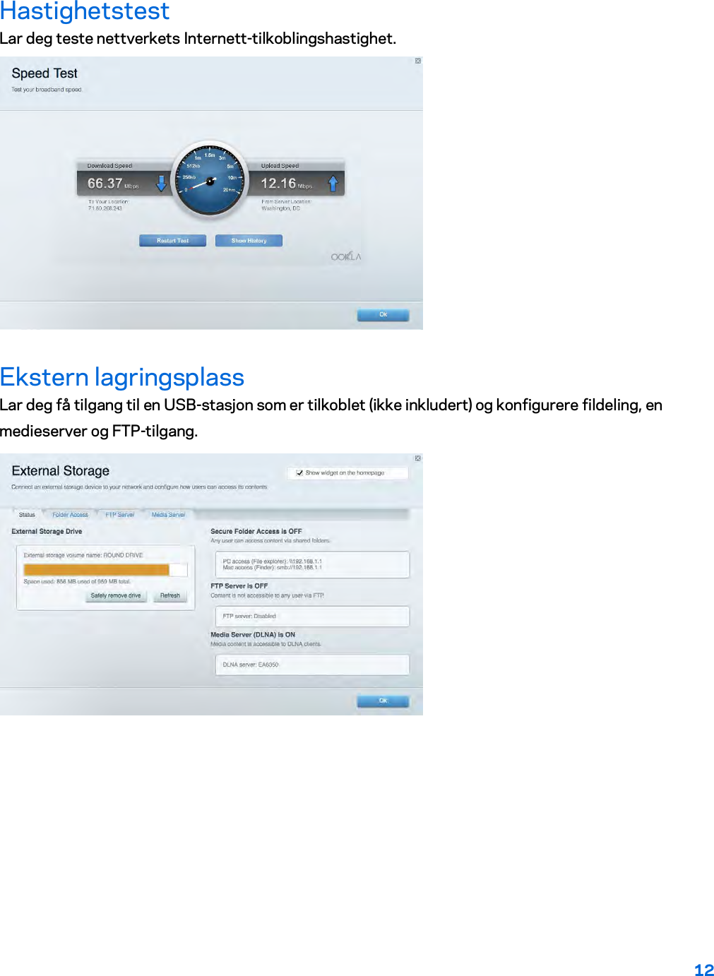 12  Hastighetstest Lar deg teste nettverkets Internett-tilkoblingshastighet.  Ekstern lagringsplass Lar deg få tilgang til en USB-stasjon som er tilkoblet (ikke inkludert) og konfigurere fildeling, en medieserver og FTP-tilgang.  