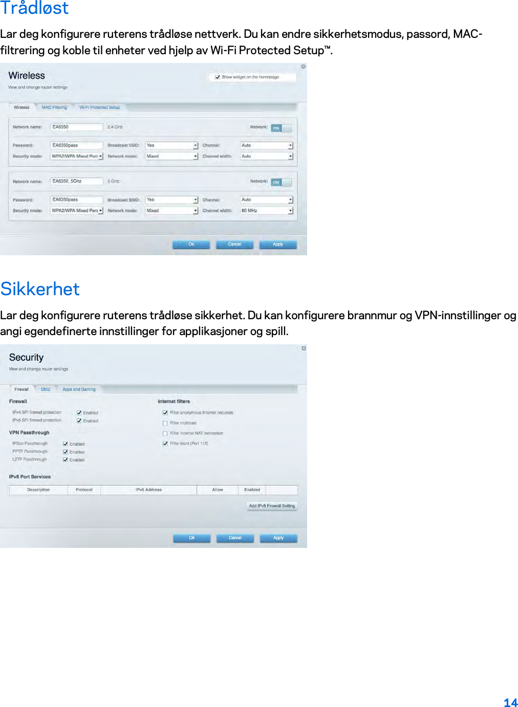 14  Trådløst Lar deg konfigurere ruterens trådløse nettverk. Du kan endre sikkerhetsmodus, passord, MAC-filtrering og koble til enheter ved hjelp av Wi-Fi Protected Setup™.  Sikkerhet Lar deg konfigurere ruterens trådløse sikkerhet. Du kan konfigurere brannmur og VPN-innstillinger og angi egendefinerte innstillinger for applikasjoner og spill.    