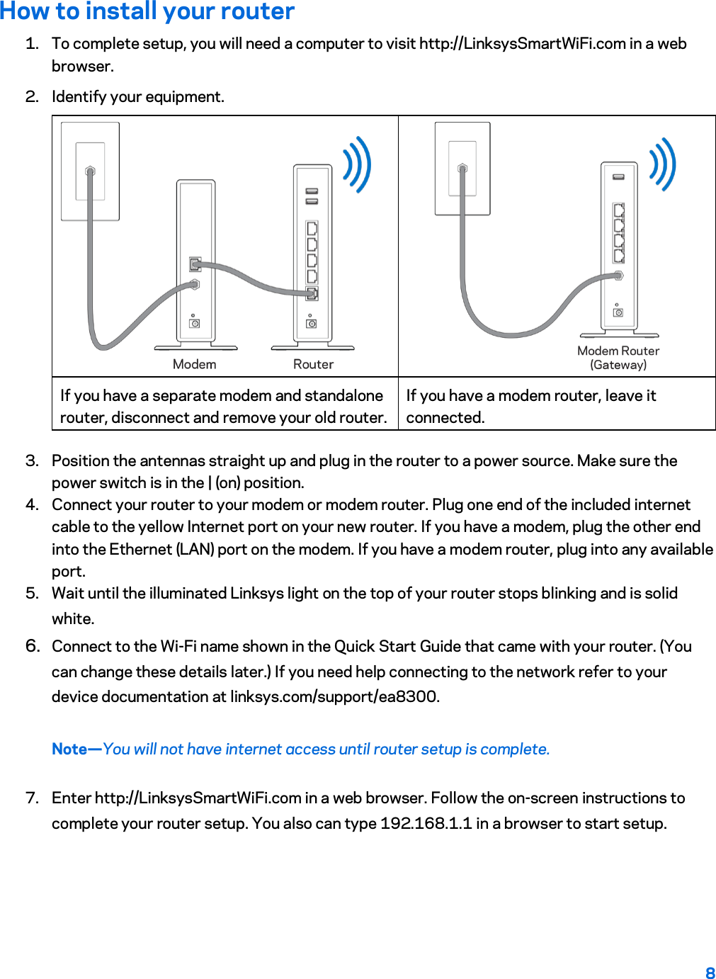 8  How to install your router 1. To complete setup, you will need a computer to visit http://LinksysSmartWiFi.com in a web browser. 2. Identify your equipment.   If you have a separate modem and standalone router, disconnect and remove your old router. If you have a modem router, leave it connected. 3. Position the antennas straight up and plug in the router to a power source. Make sure the power switch is in the | (on) position. 4. Connect your router to your modem or modem router. Plug one end of the included internet cable to the yellow Internet port on your new router. If you have a modem, plug the other end into the Ethernet (LAN) port on the modem. If you have a modem router, plug into any available port. 5. Wait until the illuminated Linksys light on the top of your router stops blinking and is solid white.  6. Connect to the Wi-Fi name shown in the Quick Start Guide that came with your router. (You can change these details later.) If you need help connecting to the network refer to your device documentation at linksys.com/support/ea8300. Note—You will not have internet access until router setup is complete. 7. Enter http://LinksysSmartWiFi.com in a web browser. Follow the on-screen instructions to complete your router setup. You also can type 192.168.1.1 in a browser to start setup. 