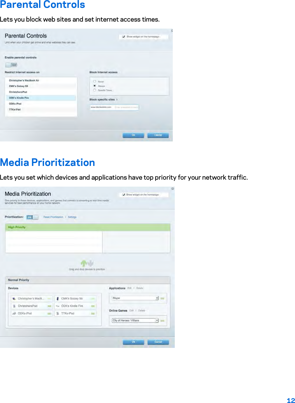 12  Parental Controls Lets you block web sites and set internet access times.  Media Prioritization Lets you set which devices and applications have top priority for your network traffic.  