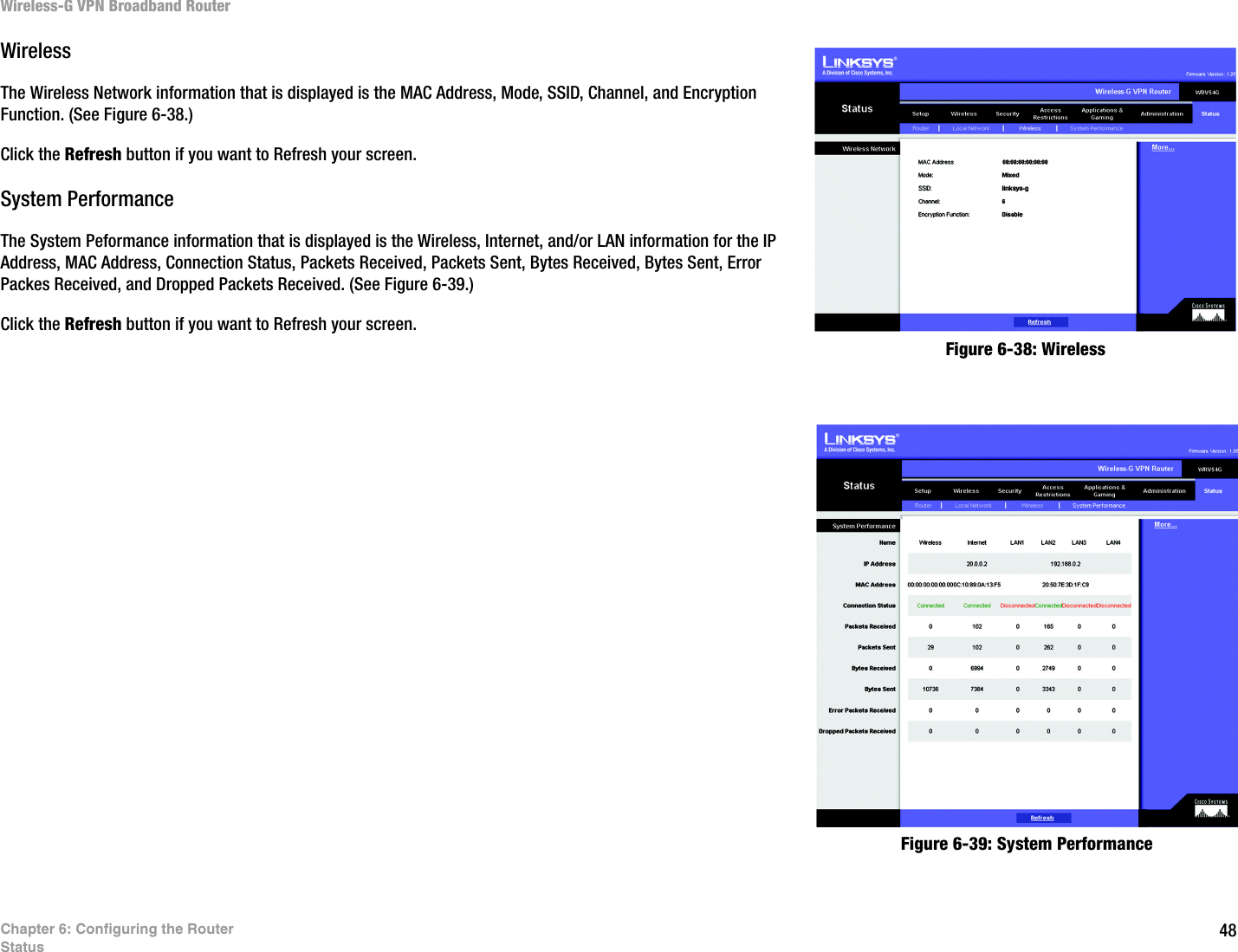 48Chapter 6: Configuring the RouterStatusWireless-G VPN Broadband RouterWirelessThe Wireless Network information that is displayed is the MAC Address, Mode, SSID, Channel, and Encryption Function. (See Figure 6-38.)Click the Refresh button if you want to Refresh your screen.System PerformanceThe System Peformance information that is displayed is the Wireless, Internet, and/or LAN information for the IP Address, MAC Address, Connection Status, Packets Received, Packets Sent, Bytes Received, Bytes Sent, Error Packes Received, and Dropped Packets Received. (See Figure 6-39.)Click the Refresh button if you want to Refresh your screen.Figure 6-39: System PerformanceFigure 6-38: Wireless