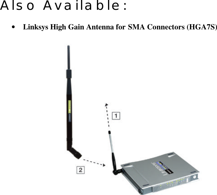  Also Available:  • Linksys High Gain Antenna for SMA Connectors (HGA7S)    