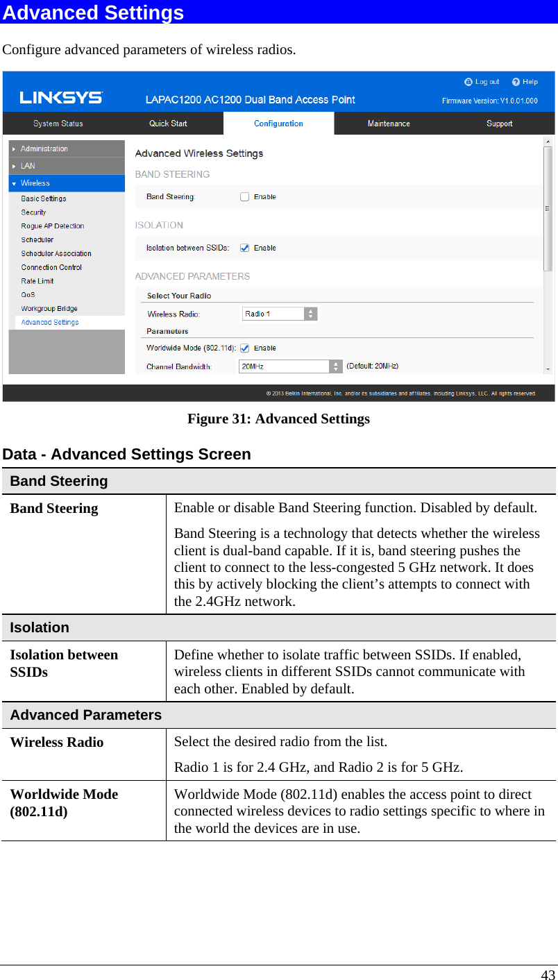  43 Advanced Settings Configure advanced parameters of wireless radios.  Figure 31: Advanced Settings  Data - Advanced Settings Screen  Band Steering Band Steering  Enable or disable Band Steering function. Disabled by default. Band Steering is a technology that detects whether the wireless client is dual-band capable. If it is, band steering pushes the client to connect to the less-congested 5 GHz network. It does this by actively blocking the client’s attempts to connect with the 2.4GHz network. Isolation Isolation between SSIDs  Define whether to isolate traffic between SSIDs. If enabled, wireless clients in different SSIDs cannot communicate with each other. Enabled by default. Advanced Parameters Wireless Radio  Select the desired radio from the list. Radio 1 is for 2.4 GHz, and Radio 2 is for 5 GHz. Worldwide Mode (802.11d)  Worldwide Mode (802.11d) enables the access point to direct connected wireless devices to radio settings specific to where in the world the devices are in use. 