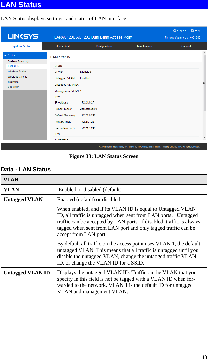  48 LAN Status  LAN Status displays settings, and status of LAN interface.  Figure 33: LAN Status Screen Data - LAN Status VLAN VLAN   Enabled or disabled (default).  Untagged VLAN  Enabled (default) or disabled.  When enabled, and if its VLAN ID is equal to Untagged VLAN ID, all traffic is untagged when sent from LAN ports.   Untagged traffic can be accepted by LAN ports. If disabled, traffic is always tagged when sent from LAN port and only tagged traffic can be accept from LAN port. By default all traffic on the access point uses VLAN 1, the default untagged VLAN. This means that all traffic is untagged until you disable the untagged VLAN, change the untagged traffic VLAN ID, or change the VLAN ID for a SSID. Untagged VLAN ID  Displays the untagged VLAN ID. Traffic on the VLAN that you specify in this field is not be tagged with a VLAN ID when for-warded to the network. VLAN 1 is the default ID for untagged VLAN and management VLAN. 