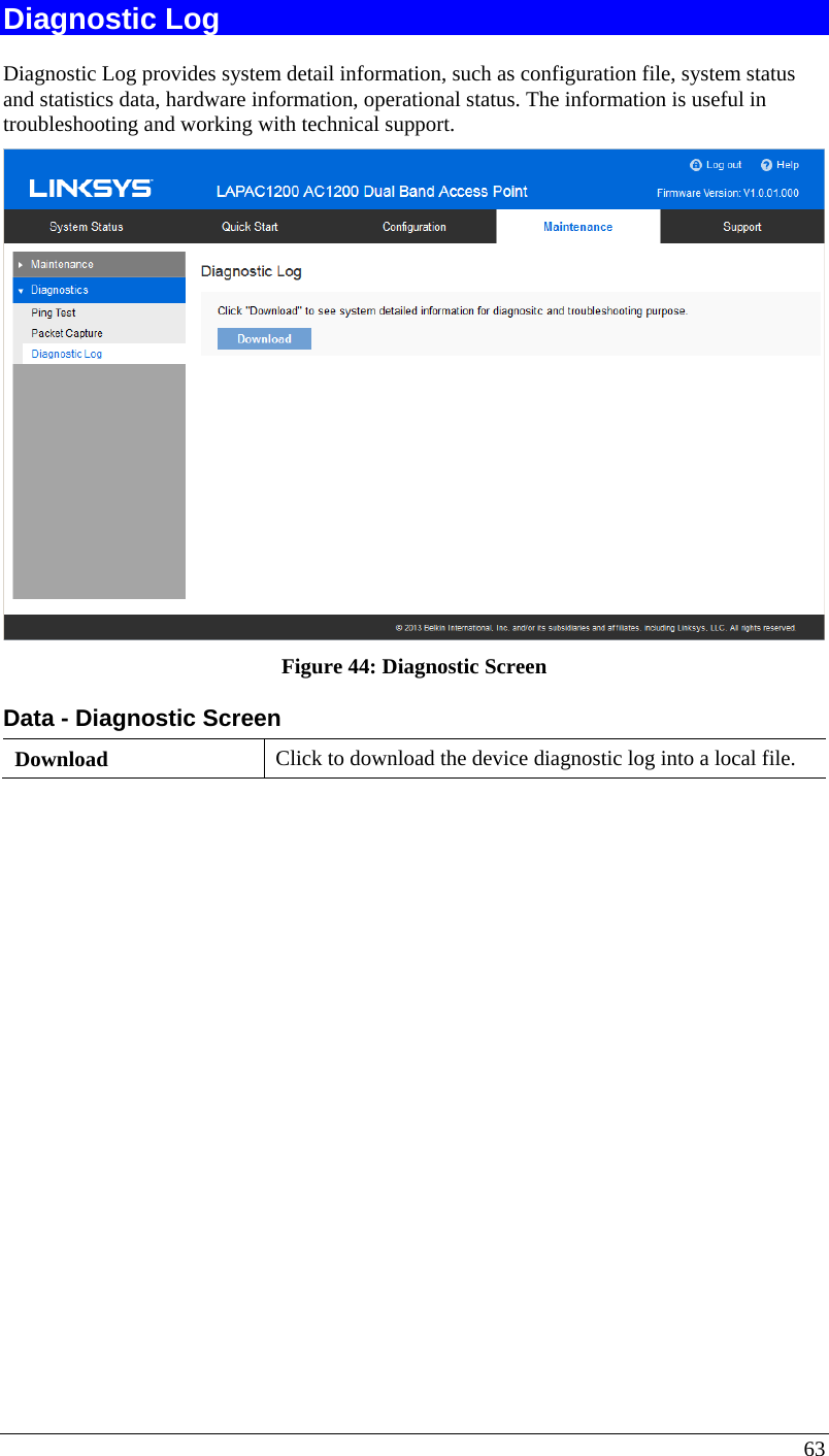  63 Diagnostic Log Diagnostic Log provides system detail information, such as configuration file, system status and statistics data, hardware information, operational status. The information is useful in troubleshooting and working with technical support.   Figure 44: Diagnostic Screen Data - Diagnostic Screen Download  Click to download the device diagnostic log into a local file.   