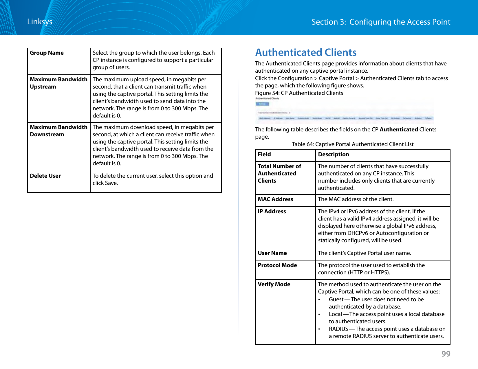 99Section 3:  Configuring the Access PointLinksysGroup Name Select the group to which the user belongs. Each CP instance is configured to support a particular group of users. Maximum Bandwidth UpstreamThe maximum upload speed, in megabits per second, that a client can transmit traffic when using the captive portal. This setting limits the client’s bandwidth used to send data into the network. The range is from 0 to 300 Mbps. The default is 0.Maximum Bandwidth DownstreamThe maximum download speed, in megabits per second, at which a client can receive traffic when using the captive portal. This setting limits the client’s bandwidth used to receive data from the network. The range is from 0 to 300 Mbps. The default is 0.Delete User To delete the current user, select this option and click Save.Authenticated ClientsThe Authenticated Clients page provides information about clients that have authenticated on any captive portal instance.Click the Configuration &gt; Captive Portal &gt; Authenticated Clients tab to access the page, which the following figure shows.Figure 54: CP Authenticated ClientsThe following table describes the fields on the CP Authenticated Clients page.Table 64: Captive Portal Authenticated Client ListField DescriptionTotal Number of Authenticated ClientsThe number of clients that have successfully authenticated on any CP instance. This number includes only clients that are currently authenticated.MAC Address The MAC address of the client.IP Address The IPv4 or IPv6 address of the client. If the client has a valid IPv4 address assigned, it will be displayed here otherwise a global IPv6 address, either from DHCPv6 or Autoconfiguration or statically configured, will be used.User Name The client’s Captive Portal user name.Protocol Mode The protocol the user used to establish the connection (HTTP or HTTPS).Verify Mode The method used to authenticate the user on the Captive Portal, which can be one of these values:  •Guest — The user does not need to be authenticated by a database.  •Local — The access point uses a local database to authenticated users. •RADIUS — The access point uses a database on a remote RADIUS server to authenticate users.